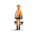 Oilman in orange stained uniform standing with buckets full of oil, oil industry extraction and refinery production