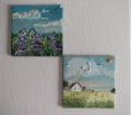 oilpainting gallery miniature landscape house farm Provance village lavender flowers background