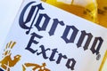 Ojocaliente, Zacatecas City. Mexico Jan 3, 2020. A close-up of the logo of a Corona Extra beer. Mexico: Grupo Modelo will promote Royalty Free Stock Photo