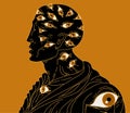 argus panoptes with multiple eyes in greek orange and black style Royalty Free Stock Photo