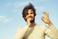 ok gesture of happy man brush teeth with toothpaste, metrosexual Royalty Free Stock Photo