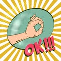 OK hand gesture, signifying agreement. Imitation retro illustrations. Vintage picture with halftones. Positive mood.