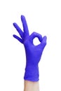 Ok sign made of purple medical gloves.