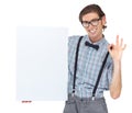 Ok sign, portrait and man with poster for mockup in studio isolated on a white background. Board, okay hand gesture and Royalty Free Stock Photo