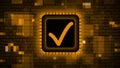 OK symbol on chip sensor - abstract background of blurred binary code in orange - quality control information technology concept