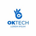 Ok tech vector logo template. Hand gear logotype. Royalty Free Stock Photo