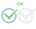 OK. Yes check mark vector icon. Color and outline positive checklist button success sign. Green correct tick symbol in a circle Royalty Free Stock Photo