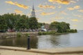 Oka quay with people on it on the Ottawa river at sunset Royalty Free Stock Photo