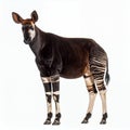 Okapi standing gracefully exhibiting unique zebra-like leg markings on white background Royalty Free Stock Photo