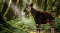 Okapi stands in sunlit mystical rainforest jungle Royalty Free Stock Photo