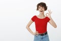 Okay got it. Motivated good-looking stylish woman short pixie haircut assuring everything goes like planned open mouth
