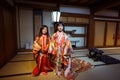 Tourists dressed into the Beautiful National Kimono in the Japanese Castle