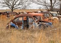 OKEMAH, OK - 2 MAR 2020: Wrecked Volkswagon Beetle cars in a field
