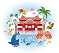 Okinawa image illustration, Shuri Castle, Shisa, whale shark, coral, hibiscus, tropical fruits