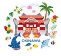 Okinawa image illustration, Shuri Castle, Shisa, whale shark, coral, hibiscus, tropical fruits