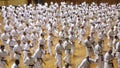 Okinawa, Japan - july 11, 2012: IOGKF World Budo sai. Group of people practicing karate kata.