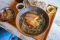 Okinawa Soba noodles with pork soft bone broth.