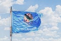 Oklahoma flag flying in cloudy sky waving on rusty flagpole - USA state