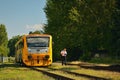 Okna, Ceska Lipa district, Czech republic - July 14, 2018: small passenger train named Regionova Ceske Drahy company stand near tr