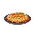 Okonomiyaki, Japanese food, plate of dish from Japan cuisine, savory pancake with sauce