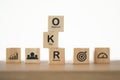 OKR  text Objectives, Key and Results on wooden cube blocks on table for  business target and focus concepts Royalty Free Stock Photo