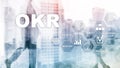 OKR - objective key result concept. Mixed media on a virtual structured screen. Project management