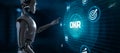 OKR Objective key results. Robot pressing button on virtual screen. 3d render