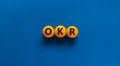 OKR, objectives and key results symbol. Concept words OKR objectives and key results on yellow tennis balls on a beautiful blue