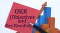 OKR word on a red sheet of paper with a pen on the background of the graph Royalty Free Stock Photo