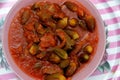 Okra cooked with beef meat pieces and tomato sauce, Bamia, bamya or Okro is Abelmoschus esculentus, known in many English-speaking