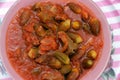 Okra cooked with beef meat pieces and tomato sauce, Bamia, bamya or Okro is Abelmoschus esculentus, known in many English-speaking