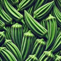 Okra pods densely clustered together, creating a striking visual pattern.