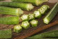 Okra. Vegeteble on a kitchen board, partly chopped