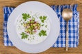 Close up of russian or ukrainian cold vegetable soup on yogurt, sour-milk base - okroshka Royalty Free Stock Photo