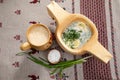 Okroshka. Summer light cold yogurt soup with cucumber, radish, eggs and dill on a wooden table. Royalty Free Stock Photo