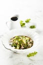 Okroshka. Traditional Russian cold soup with vegetables and sausage. Royalty Free Stock Photo