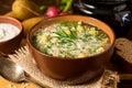 Okroshka. Traditional Russian summer cold soup with sausage, vegetables and kvass in bowl on wooden background. Royalty Free Stock Photo