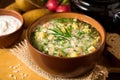 Okroshka. Traditional Russian summer cold soup with sausage, vegetables and kvass in bowl on wooden background. Royalty Free Stock Photo