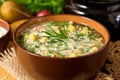 Okroshka. Traditional Russian summer cold soup with sausage, vegetables and kvass in bowl on wooden background. Royalty Free Stock Photo