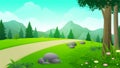 Spring road landscape with mountains illustration in flat cartoon style