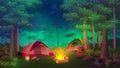 Camping Under the lush tree at night with different tent, lights campfire, trees, cartoon landscape