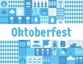 Oktoberfest background with beer symbols, icons, signs. Beer mug, bottle, glass. Beer holiday. Blue design. Oktoberfest blue