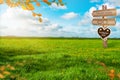 Oktoberfest Background Banner. Green meadow. Gingerbread heart . Destination panel. Sign post Royalty Free Stock Photo