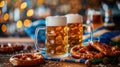 Oktoberfest background with Bavarian blue and white lozenges, pretzels, and wheat beer glasses Royalty Free Stock Photo