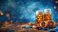 Oktoberfest background with Bavarian blue and white lozenges, pretzels, and wheat beer glasses Royalty Free Stock Photo