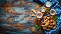 Oktoberfest background with Bavarian blue and white lozenges, pretzels, and wheat beer glasses Royalty Free Stock Photo