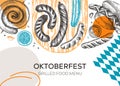 Oktoberfest background. Grilled sausage collage. Hand-drawn fast food illustration. Barbeque party sketched banner. German food