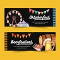 Oktoberfest banner design with entertainment, beer, grilled meat watercolor illustration