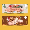 Oktoberfest banner design with pretzel, beer, wheat watercolor illustration