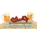 Oktoberfest banners in Bavarian color. Light and dark beer, sausages on a wooden table. Feast of Bavaria Oktoberfest Royalty Free Stock Photo